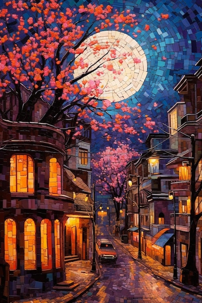 Uma pintura de uma rua com uma lua cheia ao fundo.