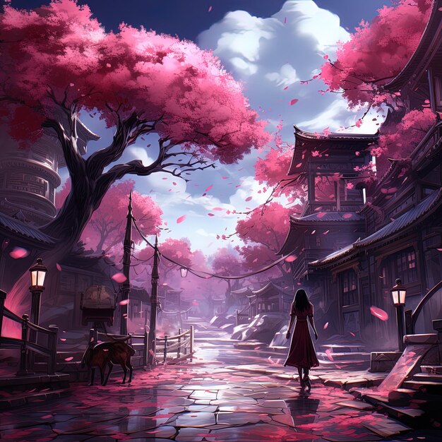 uma pintura de uma rua da cidade japonesa com uma árvore no fundo