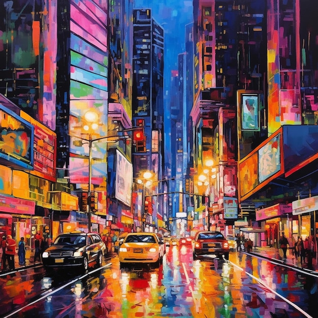 Uma pintura de uma rua movimentada da cidade com um táxi passando por uma vitrine.