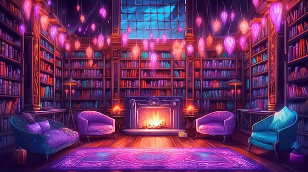 Foto uma pintura de uma sala com uma lareira e uma prateleira de livros