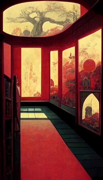 Uma pintura de uma sala com uma parede vermelha e uma janela com um pássaro voando acima dela.