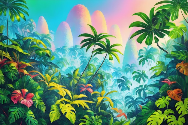 Uma pintura de uma selva com palmeiras e montanhas ao fundo.