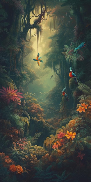 Uma pintura de uma selva com pássaros no céu