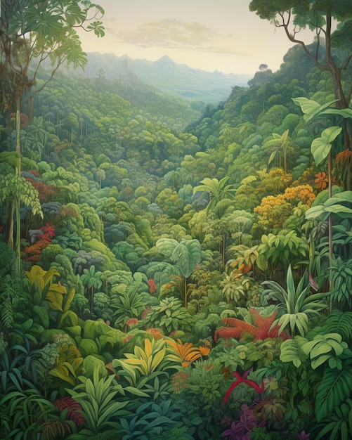 Uma pintura de uma selva com uma cena de selva ao fundo.