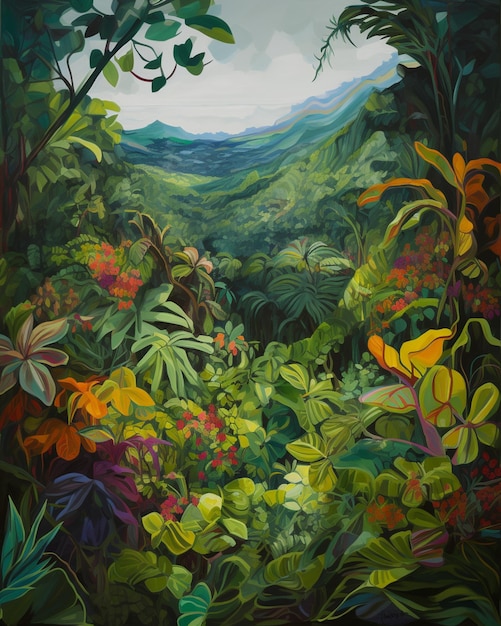 Uma pintura de uma selva com uma montanha ao fundo.