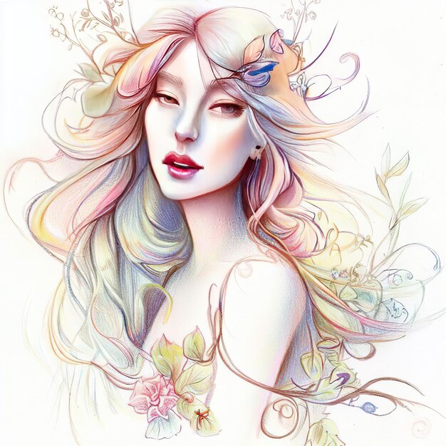 Uma pintura de uma senhora com cabelo longo e flores na cabeça.