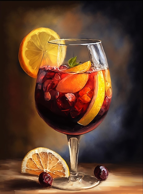 Uma pintura de uma taça de vinho com frutas.