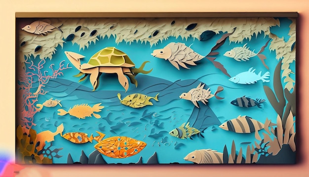 Uma pintura de uma tartaruga e peixes na água