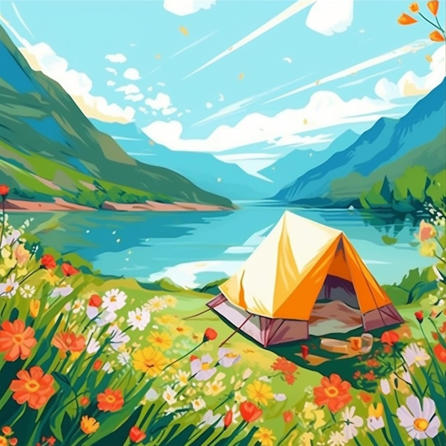 Uma pintura de uma tenda à beira do lago