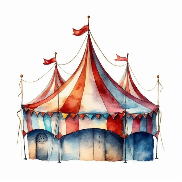 Uma pintura de uma tenda de circo com uma bandeira no topo