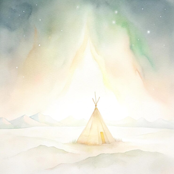 Foto uma pintura de uma tenda e montanhas com um céu verde e roxo acima dela