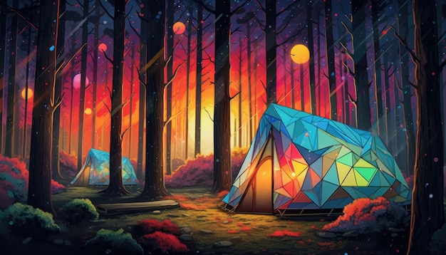 Uma pintura de uma tenda em uma floresta com o sol brilhando sobre ela.