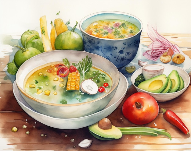 Uma pintura de uma tigela de comida com uma tigela de sopa e uma tigela de legumes.