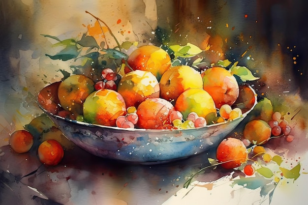 Uma pintura de uma tigela de frutas com folhas e frutas.