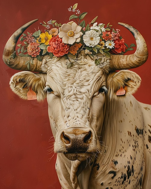 uma pintura de uma vaca com flores na cabeça