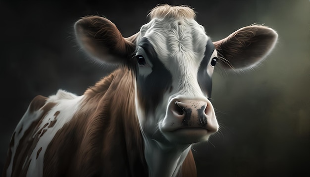 Uma pintura de uma vaca com marcações em preto e branco.