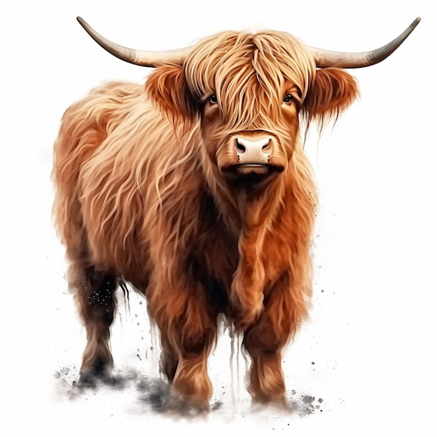 Uma pintura de uma vaca das terras altas com chifres longos