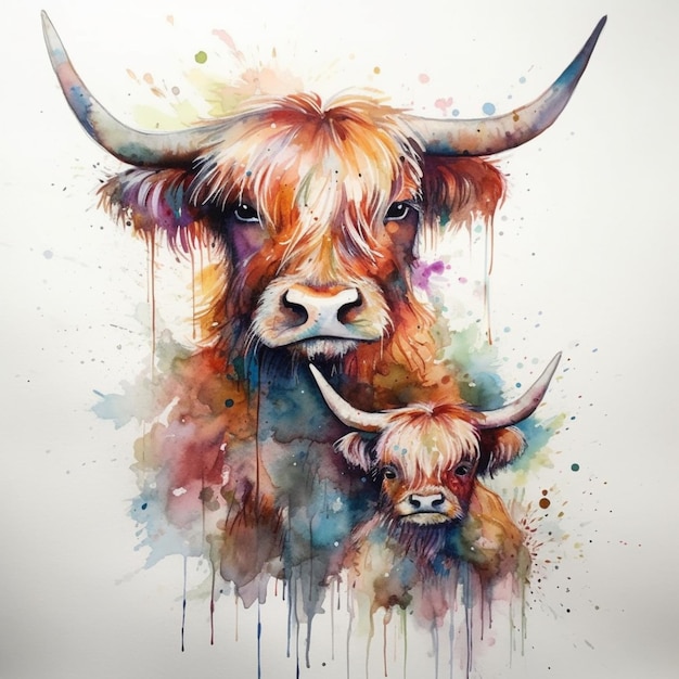 Uma pintura de uma vaca das terras altas e seu bezerro.