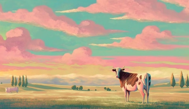 Uma pintura de uma vaca em um campo com um céu rosa e nuvens.