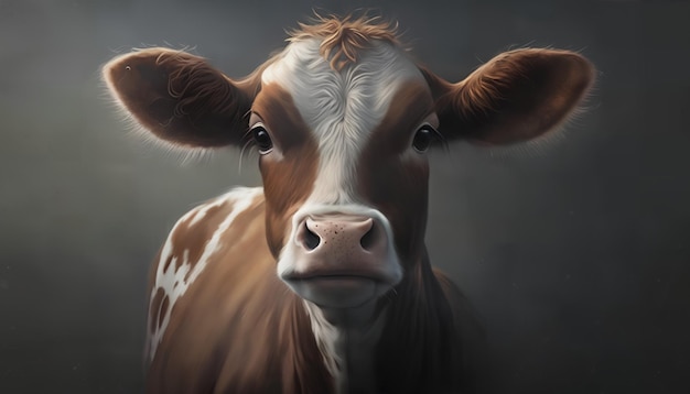 Uma pintura de uma vaca marrom e branca com um rosto branco e um fundo preto.
