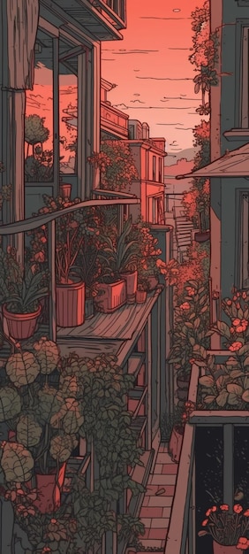 Uma pintura de uma varanda com plantas