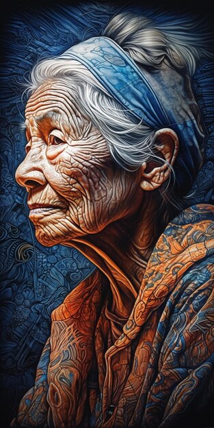 Uma pintura de uma velha com um lenço azul na cabeça.
