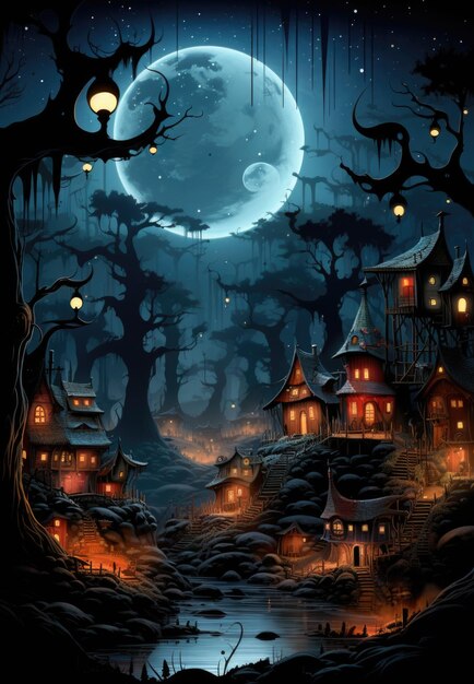 Uma pintura de uma vila à noite com lua cheia no céu ai
