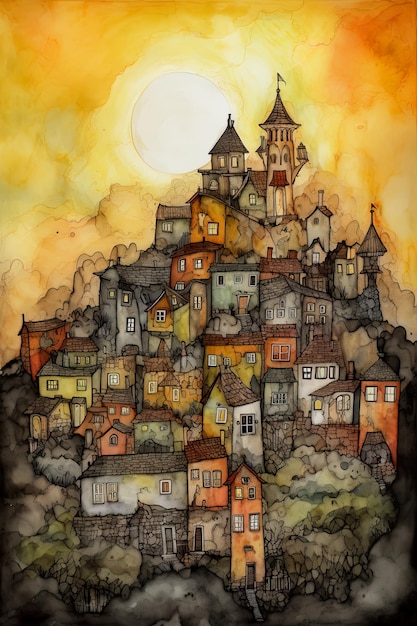 Uma pintura de uma vila com uma imagem generativa AI da torre do relógio