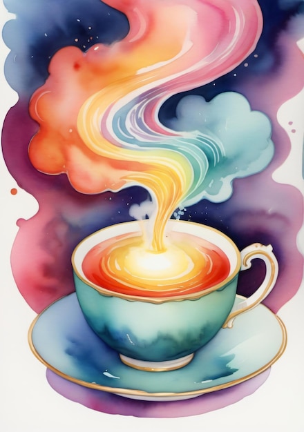 Uma pintura de uma xícara de café com um redemoinho colorido arco-íris