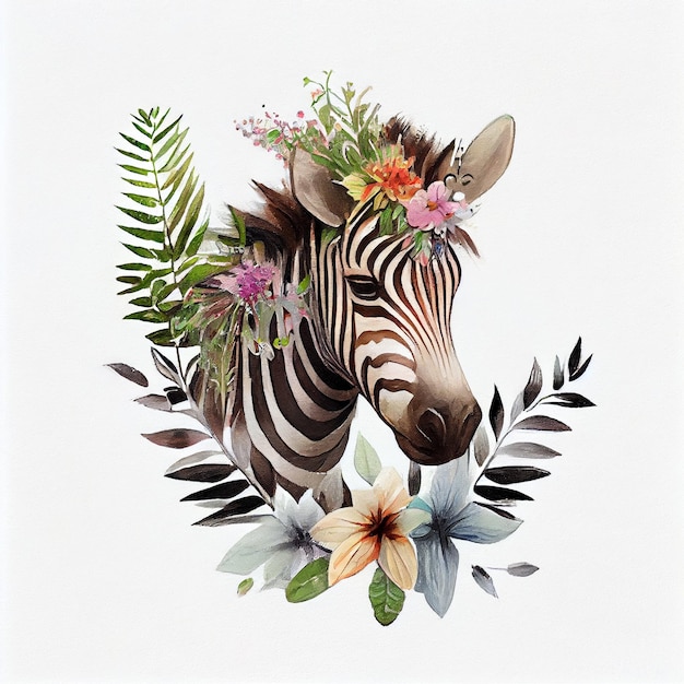 Uma pintura de uma zebra com uma coroa de flores na cabeça.