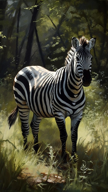 Uma pintura de uma zebra em uma floresta com árvores ao fundo.
