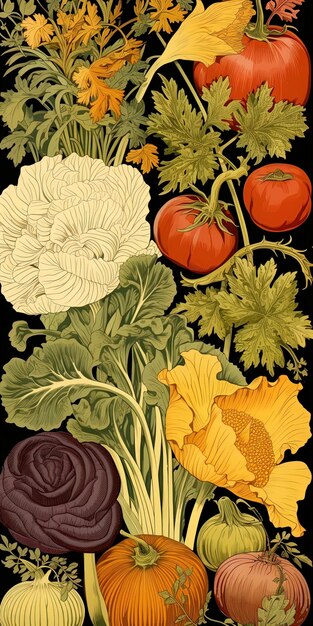 Uma pintura de vegetais, incluindo uma variedade de vegetais