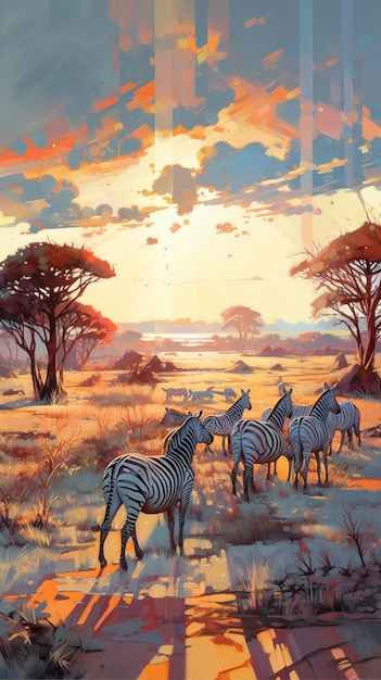 Uma pintura de zebras em um campo com árvores e o pôr do sol