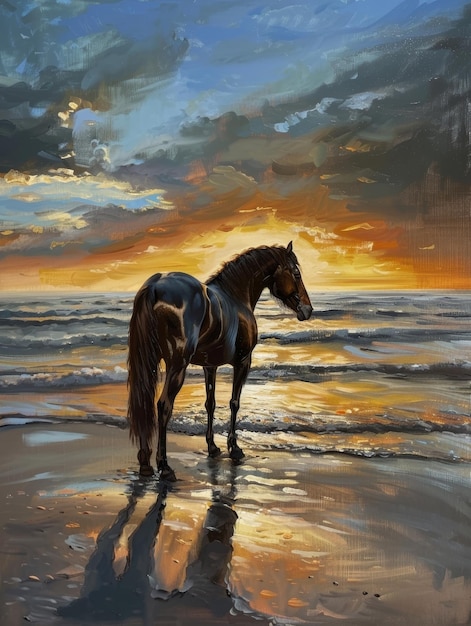 Uma pintura detalhada de um cavalo contra uma deslumbrante paisagem marítima do pôr-do-sol capturando a beleza da hora do crepúsculo