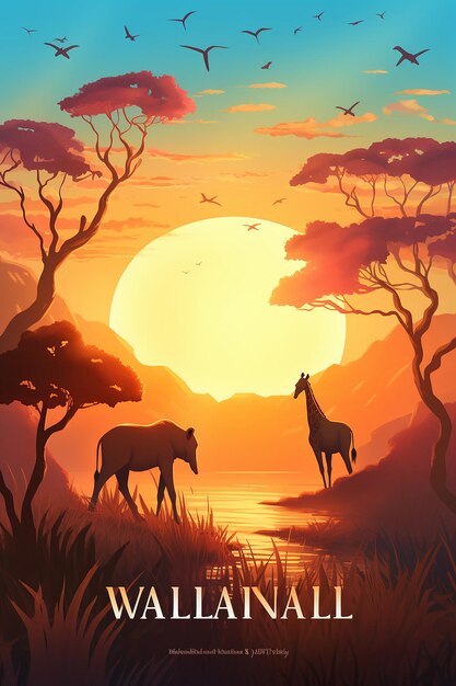 uma pintura digital 3D de uma vasta savana africana ao pôr do sol