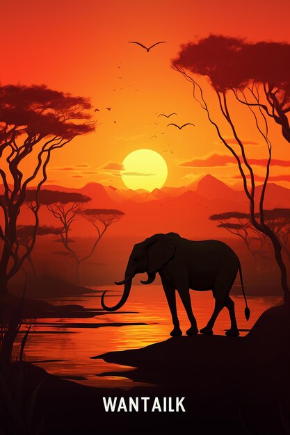 uma pintura digital 3D de uma vasta savana africana ao pôr do sol