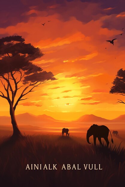 uma pintura digital 3D de uma vasta savana africana ao pôr do sol