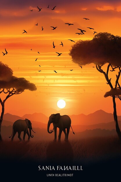 uma pintura digital 3D de uma vasta savana africana ao pôr do sol