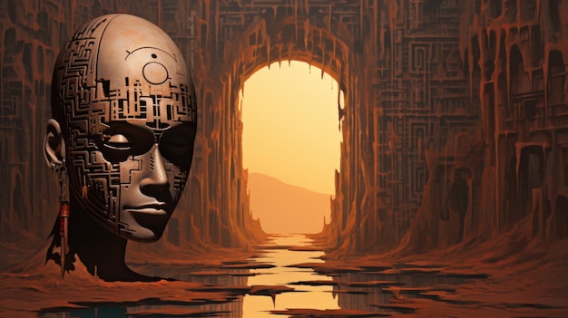 Uma pintura digital da cabeça de um homem em um labirinto ai