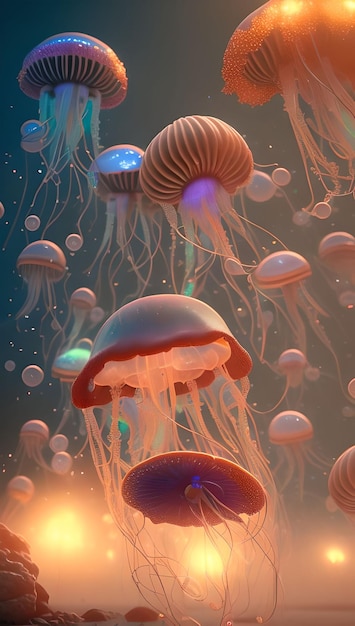 Uma pintura digital de água-viva com uma luz azul na parte inferior.
