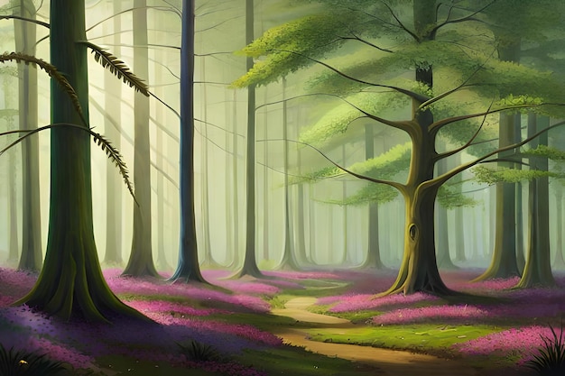 Uma pintura digital de árvores em uma floresta com uma floresta de árvores e flores roxas.