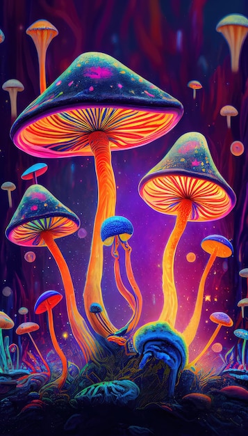 Uma pintura digital de cogumelos com luzes brilhantes