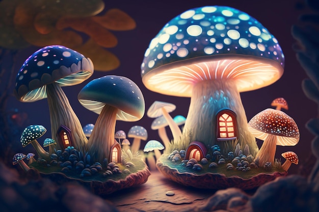 Uma pintura digital de cogumelos com uma casa de cogumelos na parte inferior.