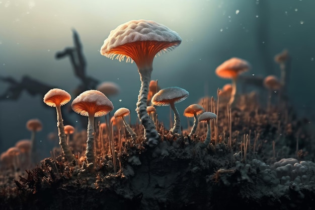 Uma pintura digital de cogumelos com uma luz no fundo.
