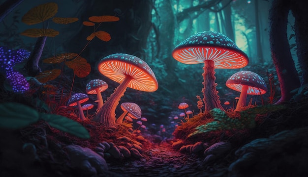 Uma pintura digital de cogumelos em uma floresta escura.