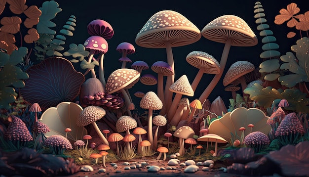 Uma pintura digital de cogumelos em uma floresta.