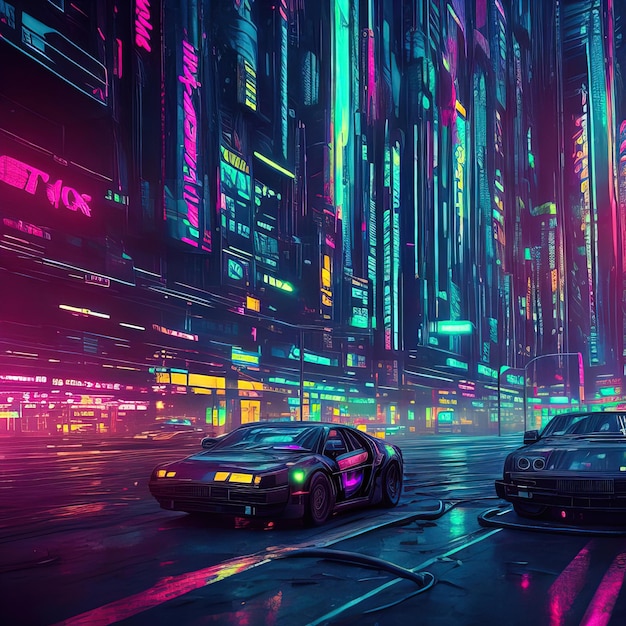 Uma pintura digital de dois carros em uma rua da cidade com luzes neon.
