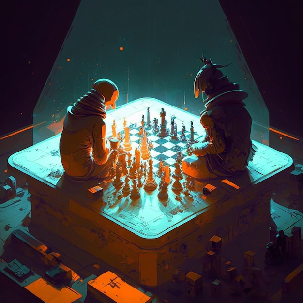 Uma pintura digital de duas pessoas jogando xadrez com uma luz azul atrás delas.