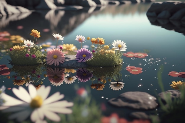 Uma pintura digital de flores em um lago