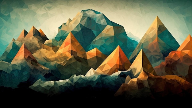 Uma pintura digital de montanhas com um céu azul e as palavras 'montanha' nele